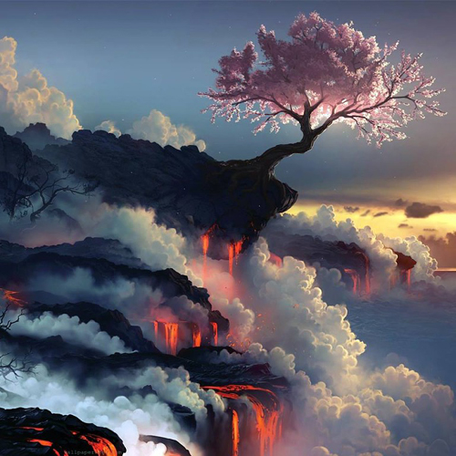 Цветущая-сакура-на-краю-вулкана 